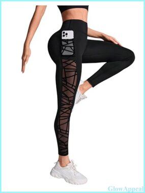 High Waisted Mesh Yoga Pants Sheer Tummy Control Leggings Gym Workout